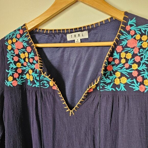 EUC THML BLUE COTTON EMBROIDERED BOHO SHORT DRESS SIZE SMALL - Picture 11 of 16